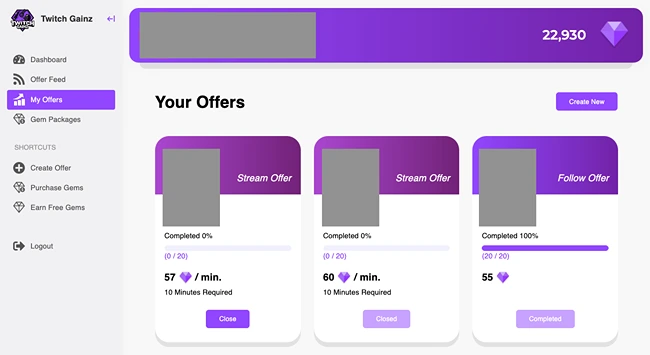 Twitch Gainz Create Offer Page: Once you have obtained GEMS, you’ll have something to offer to potential followers or viewers. Make an offer to fellow Twitch Gainz users by going to the Create Offer page